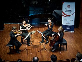 Joseph Maiwald, Ayumi-Sophie Jung, Violine - Severin Marks, Viola - Clara Rösner, Violoncello beim Sonderpreisträger:innenkonzert im Beethoven-Haus Bonn © Heike Fischer